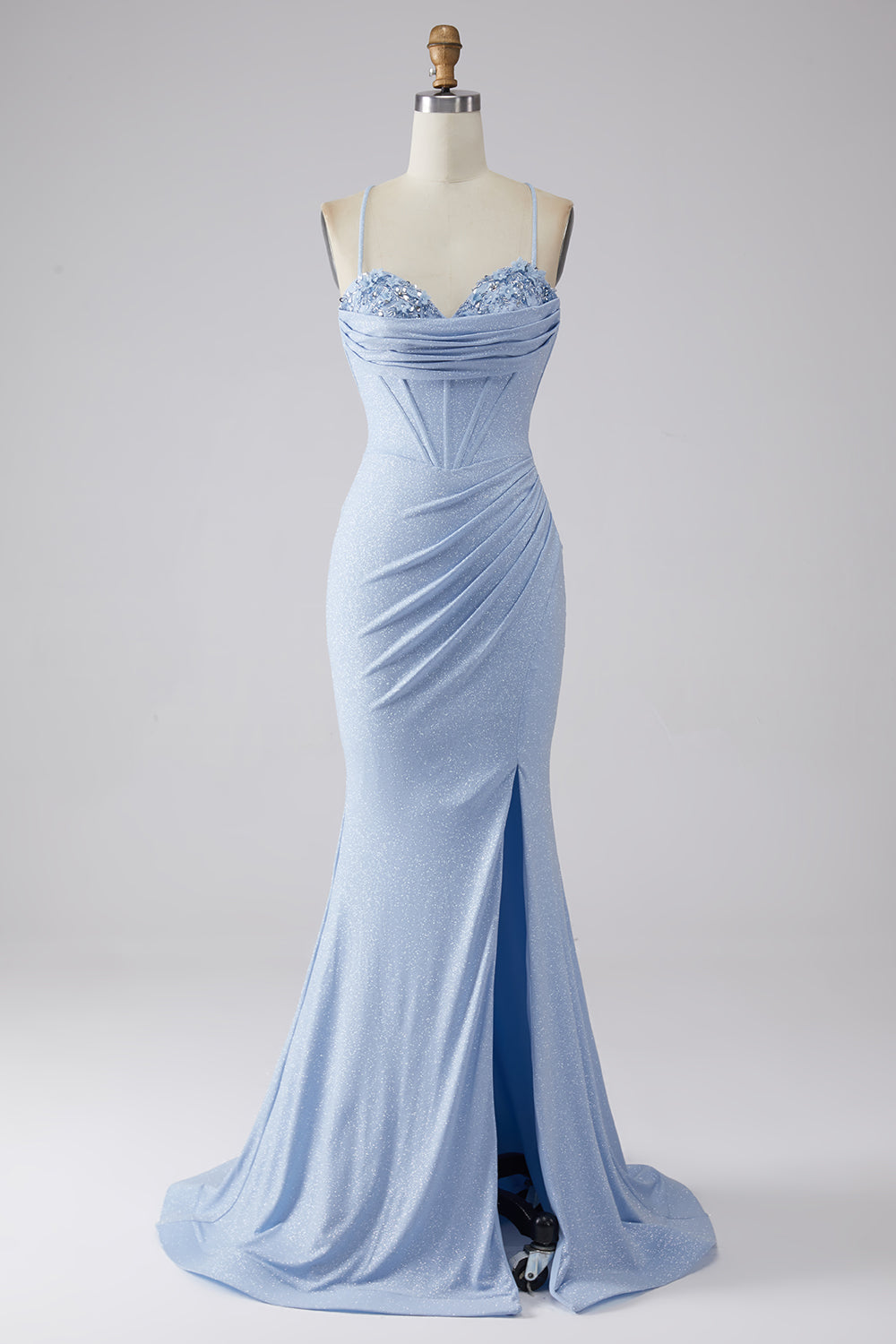 Luolandi Light Blue Sparkly Mermaid Spaghetti Straps Corset Prom Dress with Slit Sexy Evening Dresses